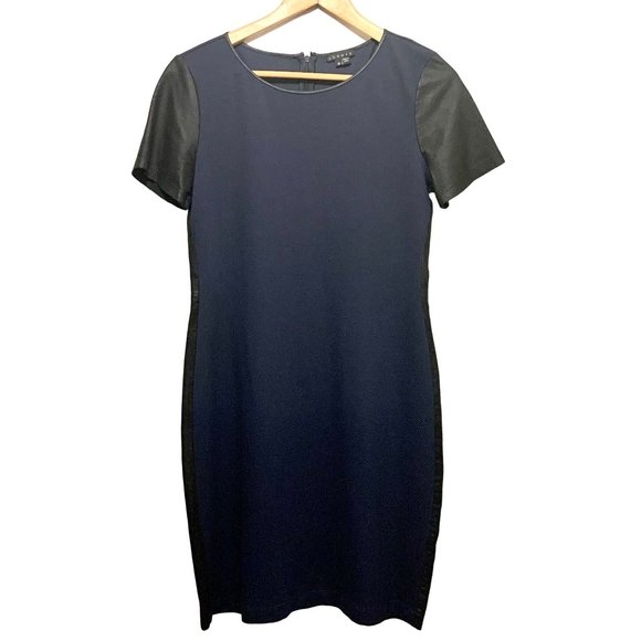 Theory Leilana Leather Trim Shift Dress Womens 10 Navy Blue Black Leather - Picture 2 of 10